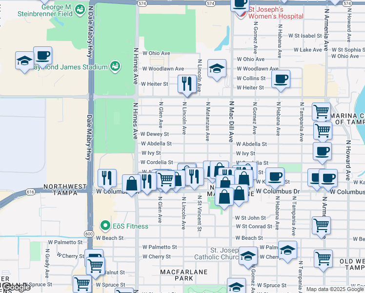 map of restaurants, bars, coffee shops, grocery stores, and more near 3501 North Lincoln Avenue in Tampa