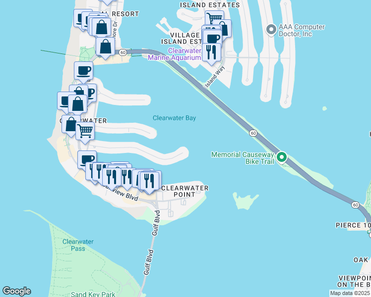 map of restaurants, bars, coffee shops, grocery stores, and more near 294 Bayside Drive in Clearwater