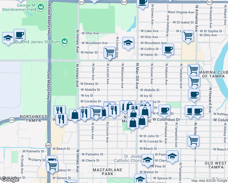 map of restaurants, bars, coffee shops, grocery stores, and more near 3501 North Lincoln Avenue in Tampa