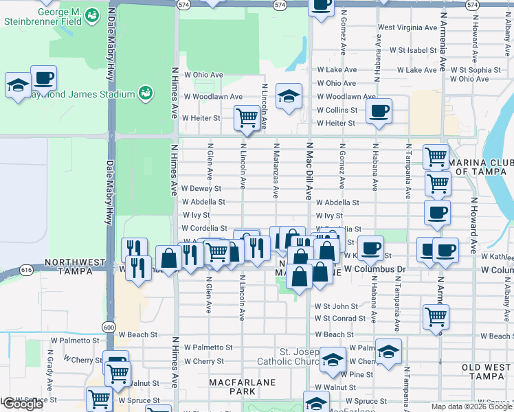 map of restaurants, bars, coffee shops, grocery stores, and more near 3501 North Lincoln Avenue in Tampa