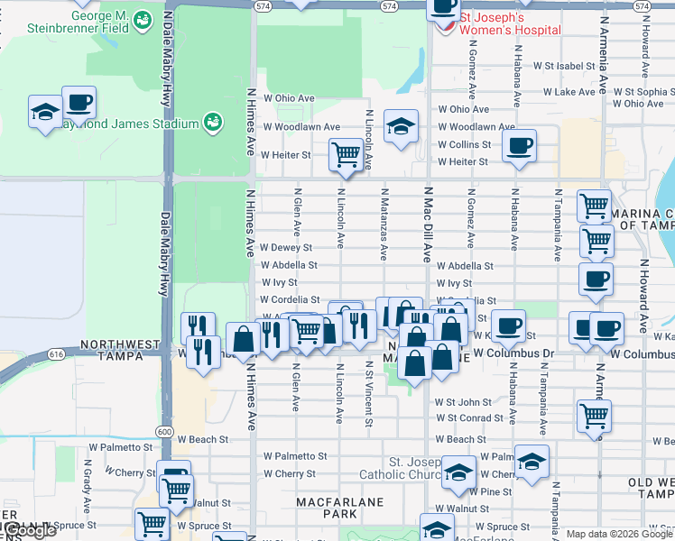 map of restaurants, bars, coffee shops, grocery stores, and more near 3501 North Lincoln Avenue in Tampa