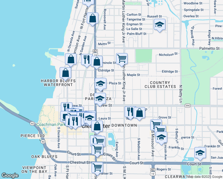 map of restaurants, bars, coffee shops, grocery stores, and more near 910 Hart Street in Clearwater