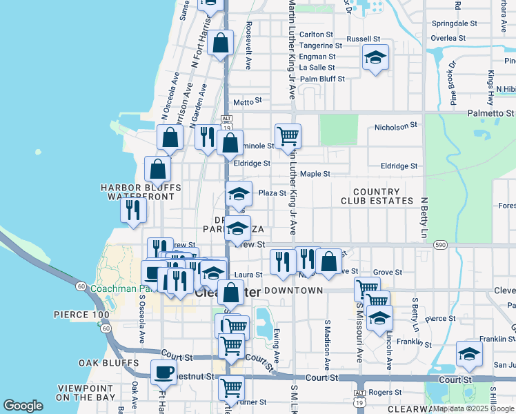 map of restaurants, bars, coffee shops, grocery stores, and more near 910 Hart Street in Clearwater