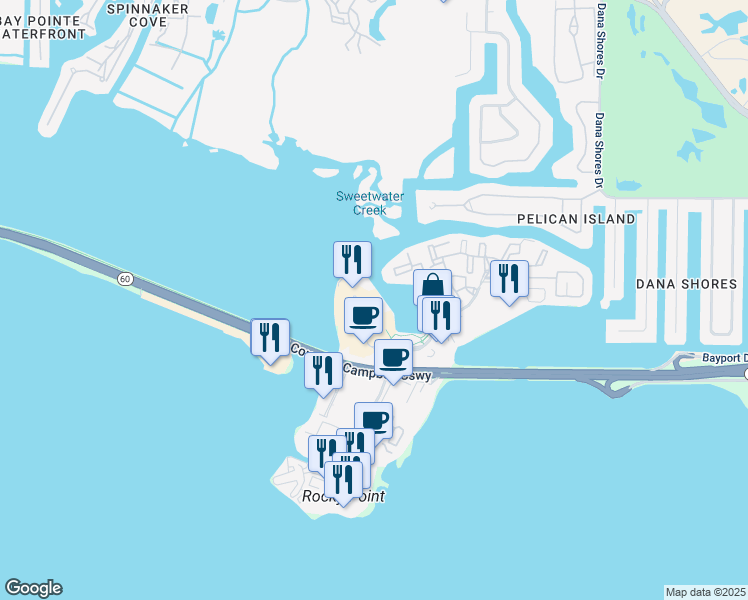 map of restaurants, bars, coffee shops, grocery stores, and more near 3031 North Rocky Point Drive in Tampa