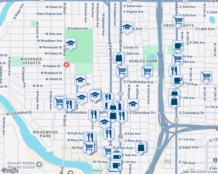 map of restaurants, bars, coffee shops, grocery stores, and more near 2926 North Tampa Street in Tampa