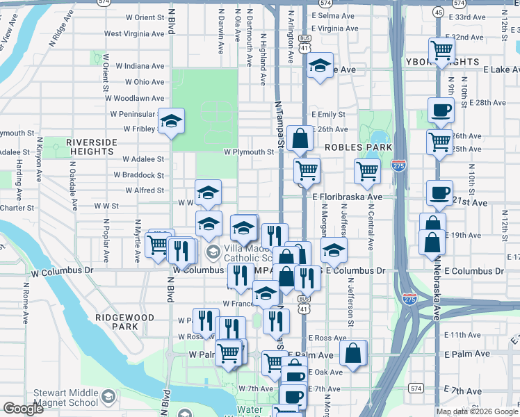map of restaurants, bars, coffee shops, grocery stores, and more near 119 West Keyes Avenue in Tampa
