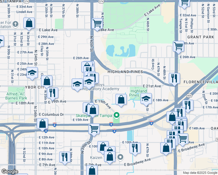map of restaurants, bars, coffee shops, grocery stores, and more near 4215 East 21st Avenue in Tampa
