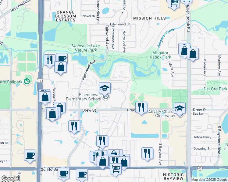 map of restaurants, bars, coffee shops, grocery stores, and more near 2942 Drew Street in Clearwater