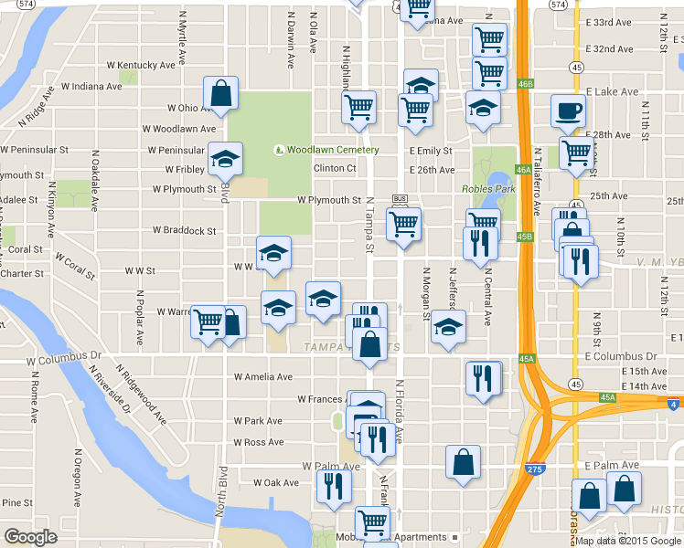 map of restaurants, bars, coffee shops, grocery stores, and more near 119 West Keyes Avenue in Tampa