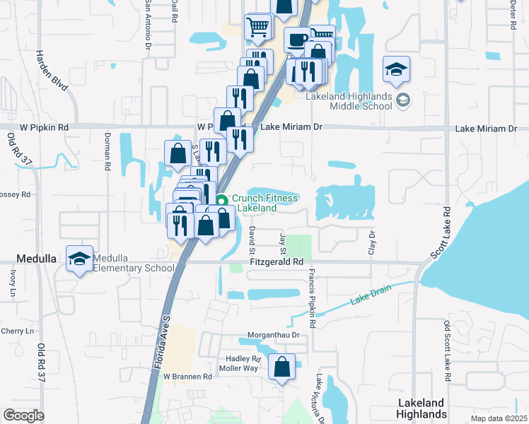 map of restaurants, bars, coffee shops, grocery stores, and more near 326 Lake Harris Drive in Lakeland