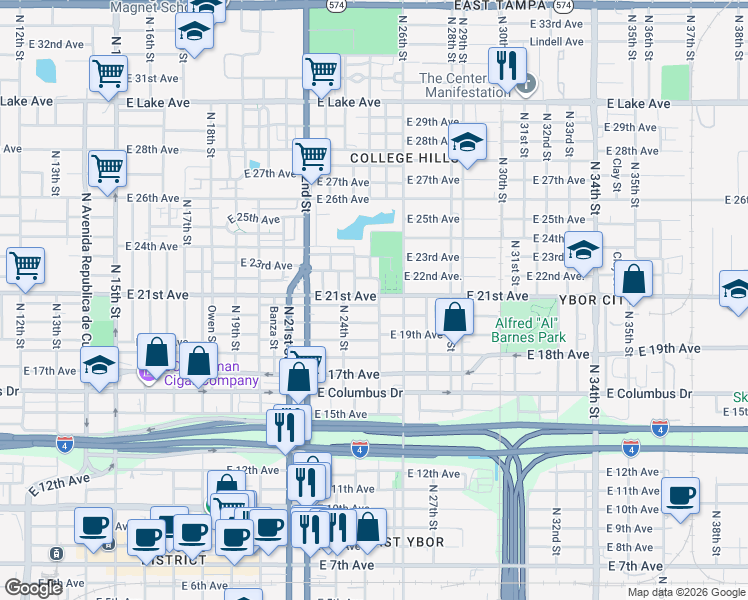 map of restaurants, bars, coffee shops, grocery stores, and more near 2409 East 21st Avenue in Tampa