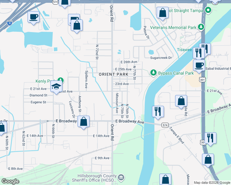 map of restaurants, bars, coffee shops, grocery stores, and more near 2918 Missouri Avenue in Tampa