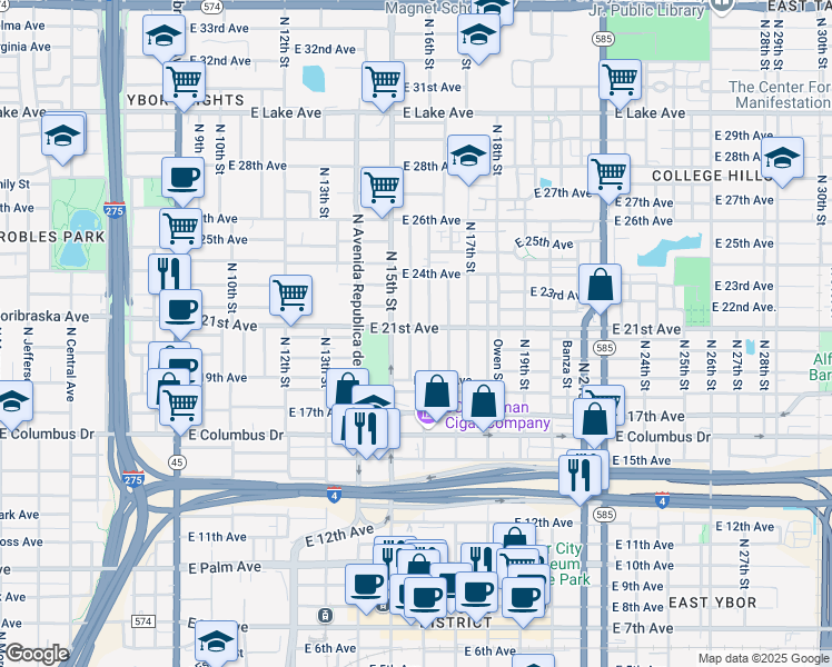 map of restaurants, bars, coffee shops, grocery stores, and more near 3000 North 16th Street in Tampa