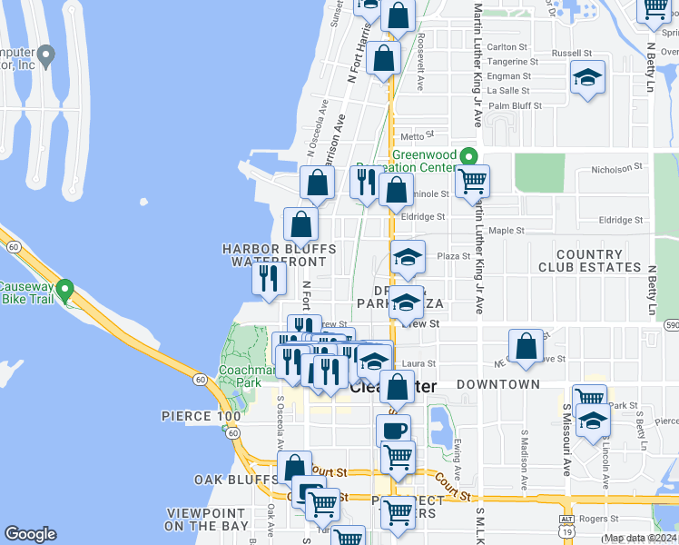 map of restaurants, bars, coffee shops, grocery stores, and more near 405 North Garden Avenue in Clearwater