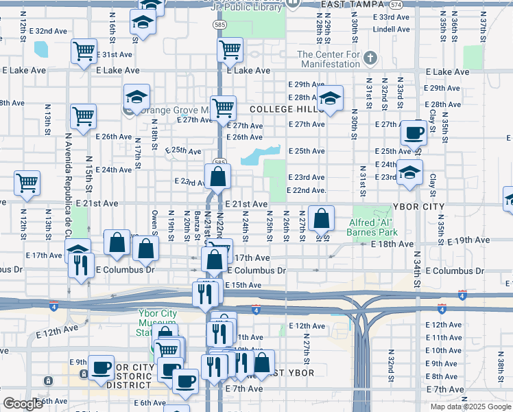 map of restaurants, bars, coffee shops, grocery stores, and more near 2409 East 21st Avenue in Tampa