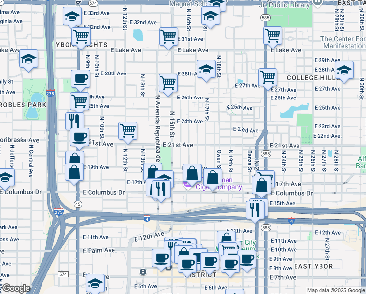 map of restaurants, bars, coffee shops, grocery stores, and more near 3000 North 16th Street in Tampa
