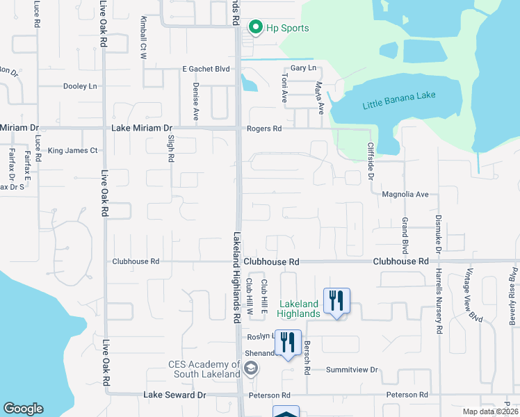 map of restaurants, bars, coffee shops, grocery stores, and more near 2274 Coachman Loop in Lakeland
