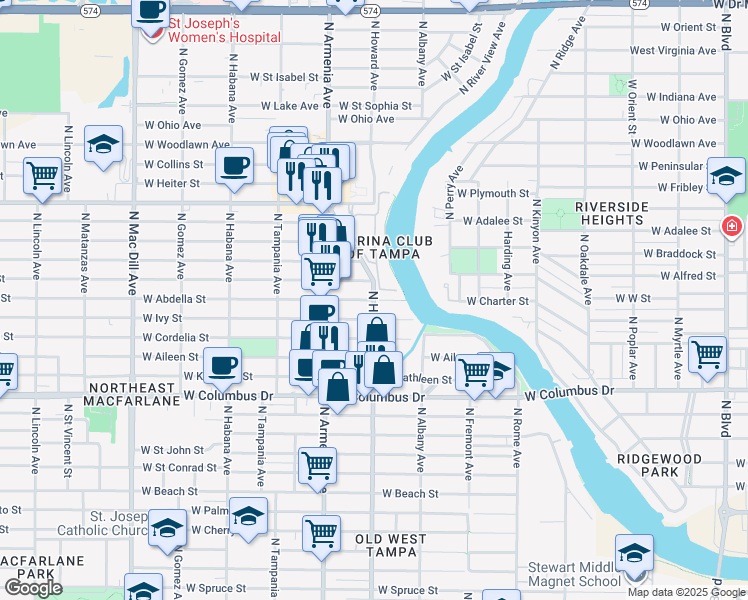 map of restaurants, bars, coffee shops, grocery stores, and more near 3501 North Howard Avenue in Tampa