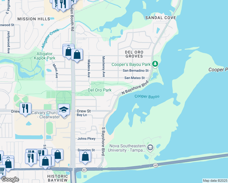 map of restaurants, bars, coffee shops, grocery stores, and more near 316 North Bayshore Boulevard in Clearwater