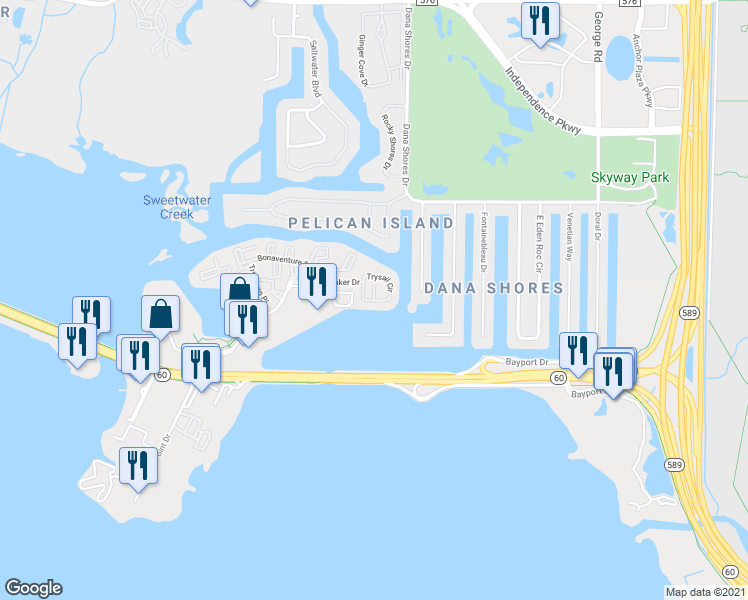 map of restaurants, bars, coffee shops, grocery stores, and more near Trysail Circle in Tampa
