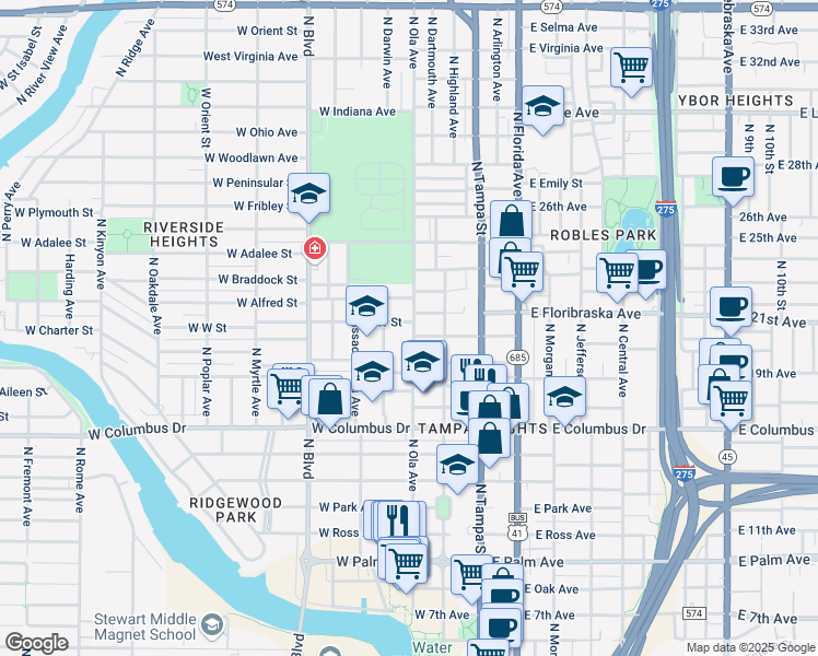 map of restaurants, bars, coffee shops, grocery stores, and more near 302 W West St in Tampa