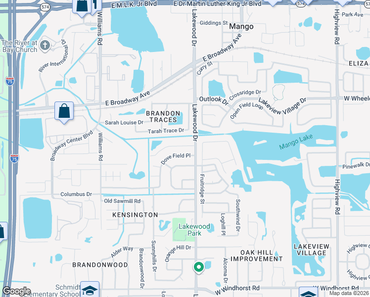 map of restaurants, bars, coffee shops, grocery stores, and more near 1703 Jillian Road in Brandon