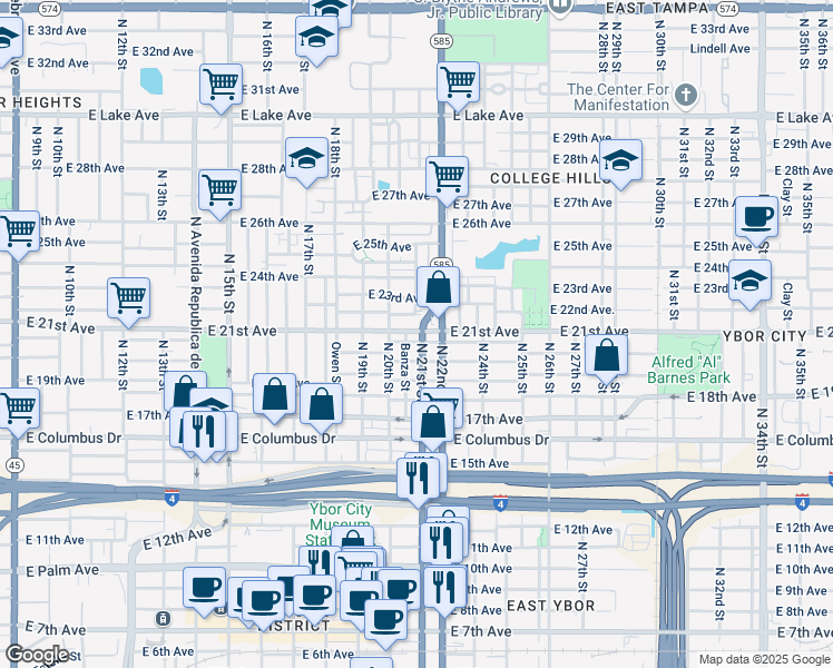 map of restaurants, bars, coffee shops, grocery stores, and more near 2936 North 21st Street in Tampa