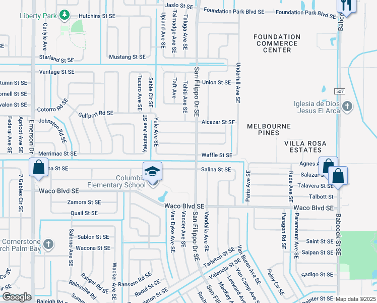 map of restaurants, bars, coffee shops, grocery stores, and more near 1287 Waffle Street Southeast in Palm Bay