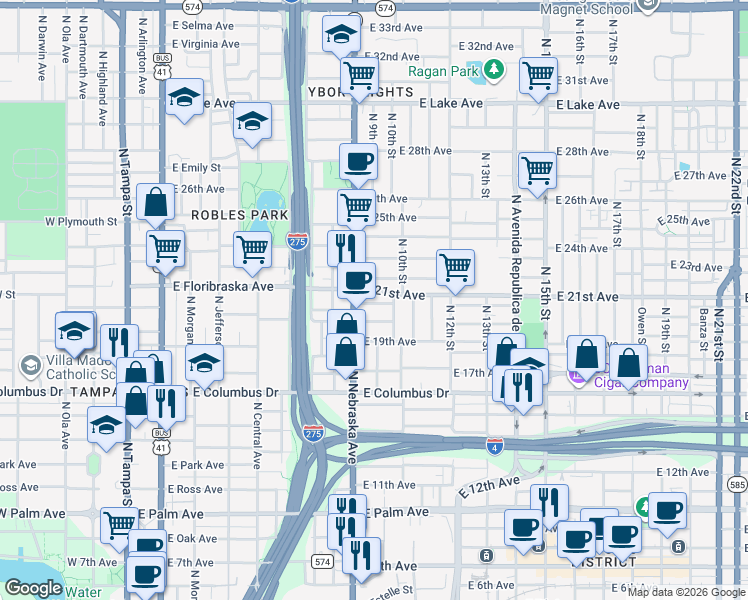 map of restaurants, bars, coffee shops, grocery stores, and more near 910 East Saint Clair Street in Tampa