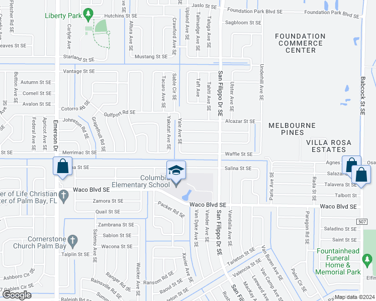 map of restaurants, bars, coffee shops, grocery stores, and more near 1223 Waffle Street Southeast in Palm Bay
