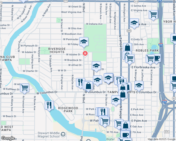 map of restaurants, bars, coffee shops, grocery stores, and more near 2918 North Woodrow Avenue in Tampa