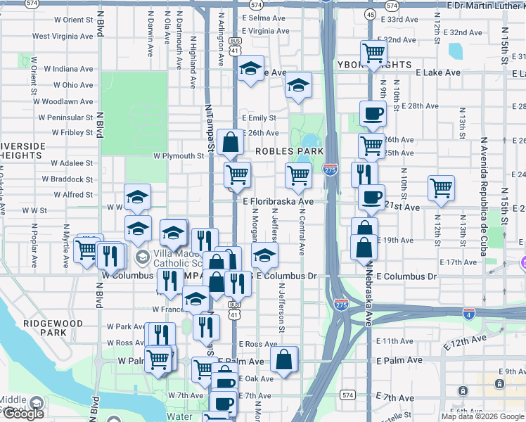 map of restaurants, bars, coffee shops, grocery stores, and more near 2827 North Morgan Street in Tampa