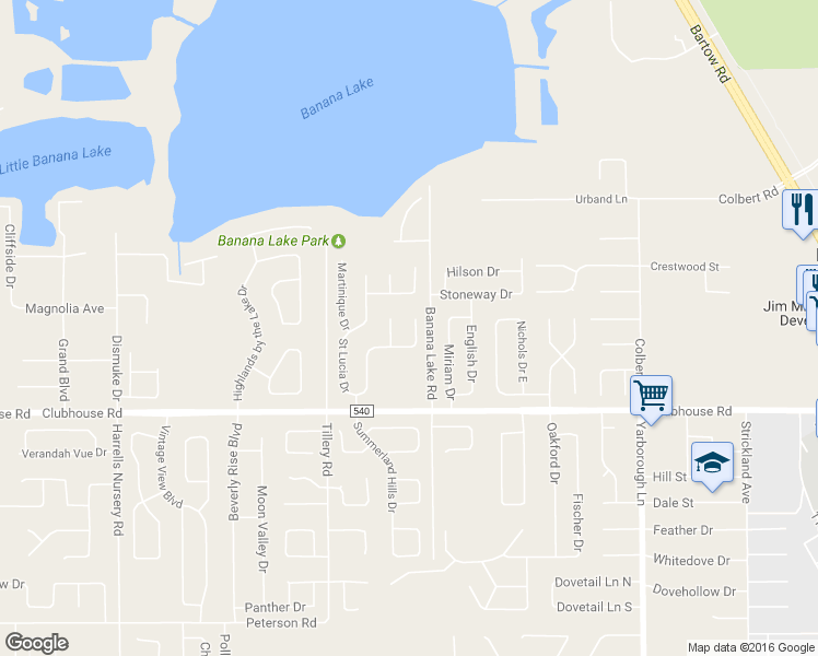 map of restaurants, bars, coffee shops, grocery stores, and more near 5219 Montserrat Drive in Lakeland