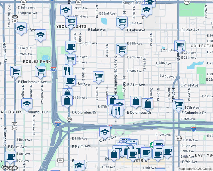map of restaurants, bars, coffee shops, grocery stores, and more near 3008 North 13th Street in Tampa