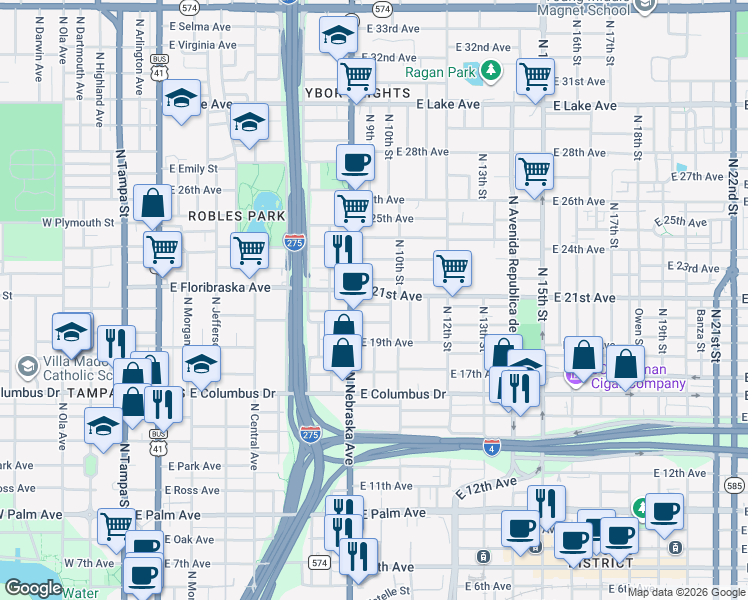 map of restaurants, bars, coffee shops, grocery stores, and more near 910 East Saint Clair Street in Tampa