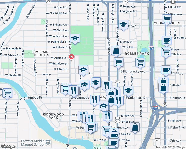 map of restaurants, bars, coffee shops, grocery stores, and more near 310 West West Street in Tampa