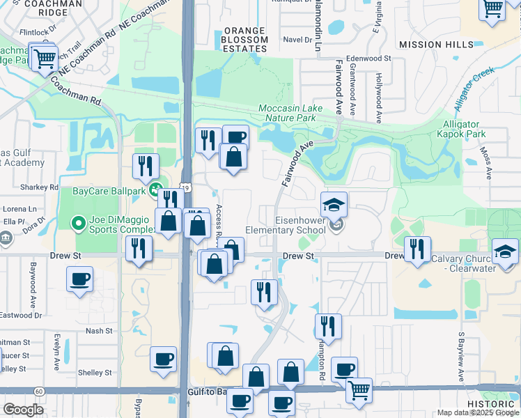 map of restaurants, bars, coffee shops, grocery stores, and more near 530 Fairwood Avenue in Clearwater