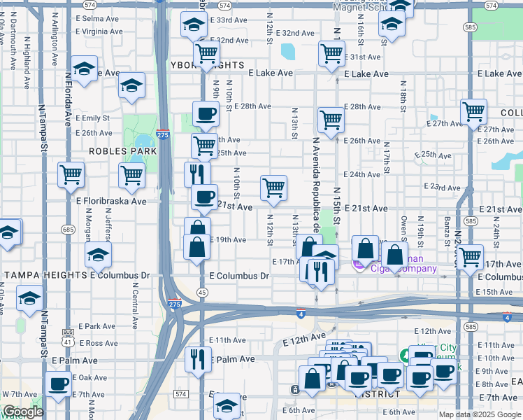 map of restaurants, bars, coffee shops, grocery stores, and more near 2923 North 11th Street in Tampa