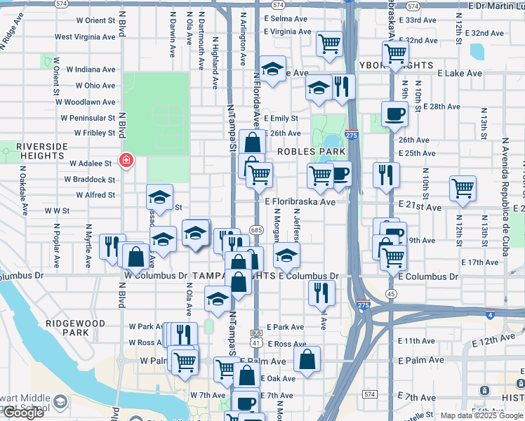 map of restaurants, bars, coffee shops, grocery stores, and more near 2907 North Florida Avenue in Tampa