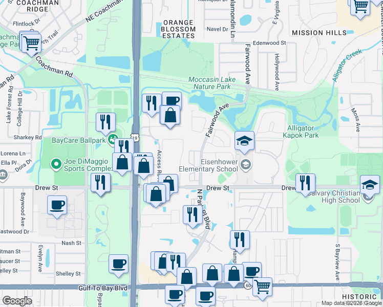 map of restaurants, bars, coffee shops, grocery stores, and more near 530 Fairwood Avenue in Clearwater