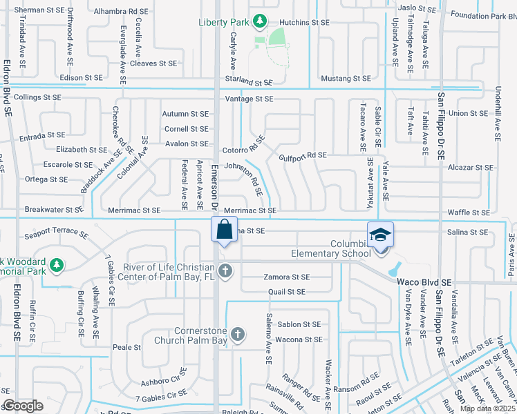 map of restaurants, bars, coffee shops, grocery stores, and more near 931 Merrimac Street Southeast in Palm Bay
