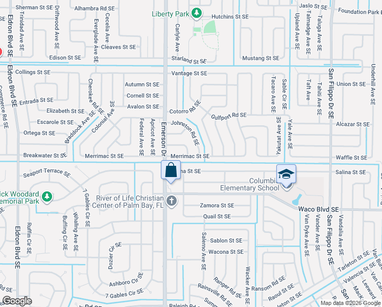 map of restaurants, bars, coffee shops, grocery stores, and more near 931 Merrimac Street Southeast in Palm Bay