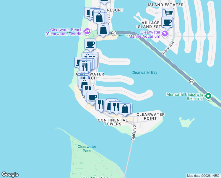 map of restaurants, bars, coffee shops, grocery stores, and more near 146 Bayside Drive in Clearwater