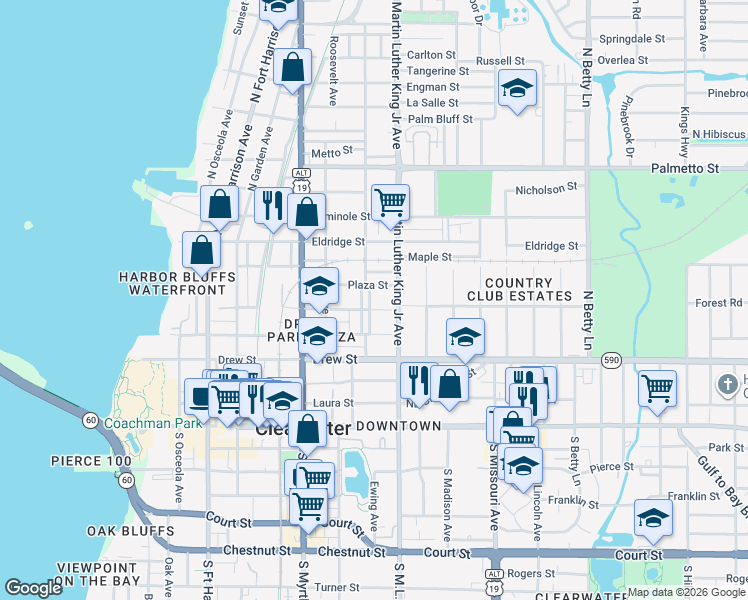 map of restaurants, bars, coffee shops, grocery stores, and more near 405 Pennsylvania Avenue in Clearwater