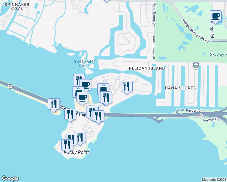 map of restaurants, bars, coffee shops, grocery stores, and more near 3617 Trimaran Place in Tampa