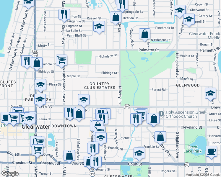 map of restaurants, bars, coffee shops, grocery stores, and more near 1256 Jackson Road in Clearwater