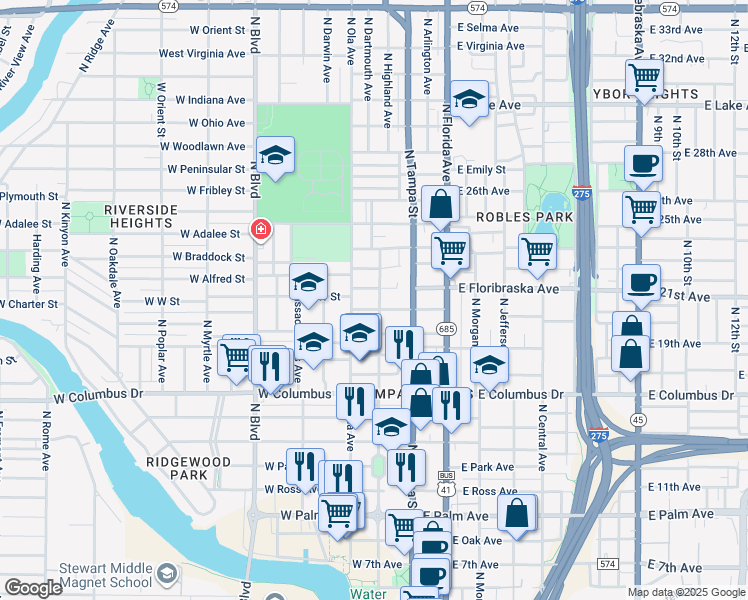 map of restaurants, bars, coffee shops, grocery stores, and more near 2912 North Highland Avenue in Tampa