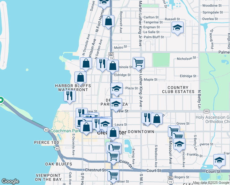 map of restaurants, bars, coffee shops, grocery stores, and more near 804 Hart Street in Clearwater
