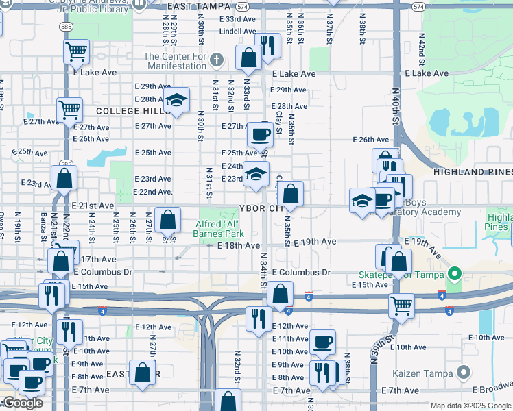map of restaurants, bars, coffee shops, grocery stores, and more near East 21st Avenue in Tampa