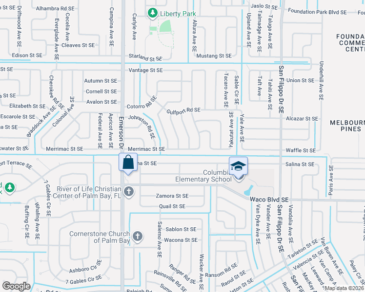 map of restaurants, bars, coffee shops, grocery stores, and more near 1037 Merrimac Street Southeast in Palm Bay